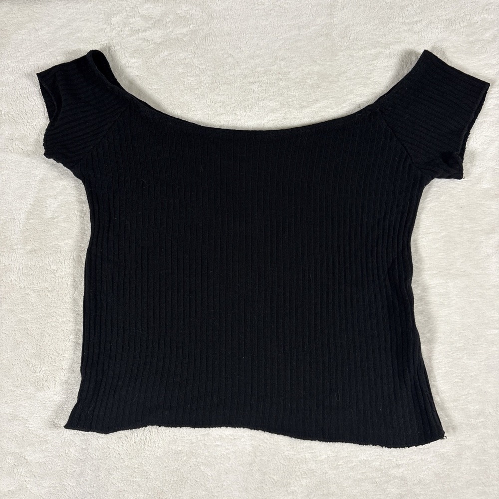 Brandy Melville Black Ribbed Knit Cap Sleeve Scoop Neck Top One Size
